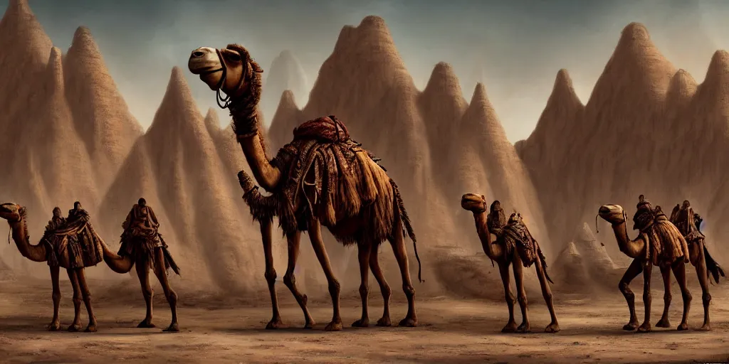 Prompt: bipedal humanoid camel merchants in town square, tents, matte oil painting, retrofuturistic, concept art, quarrying, science fantasy, mutant, lgbt, rpg, epic, rusted, white salt, badlands, jungles, dungeons & dragons, sacred, sharp focus, award - winning, extremely detailed, 4 k, 8 k