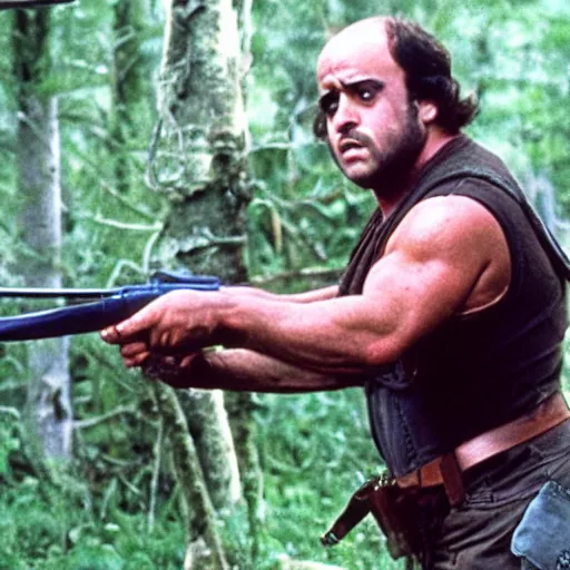 Image similar to A still of Danny Devito as Rambo in Rambo First Blood (1982)