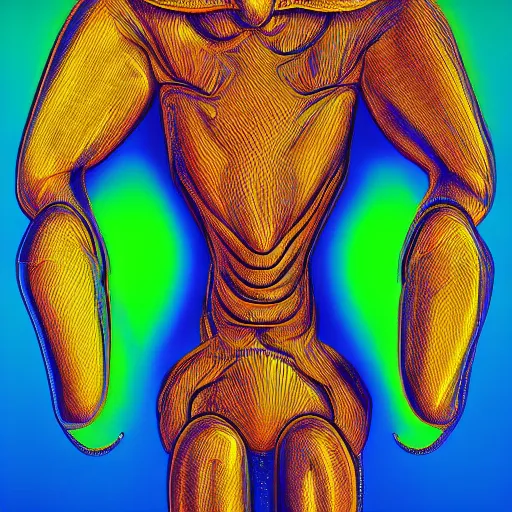 Image similar to human man that resembles a wasp morh in surreal sketch style, blue and yellow gradient, noise, ultrafine detail, hd 8k, logo illustration