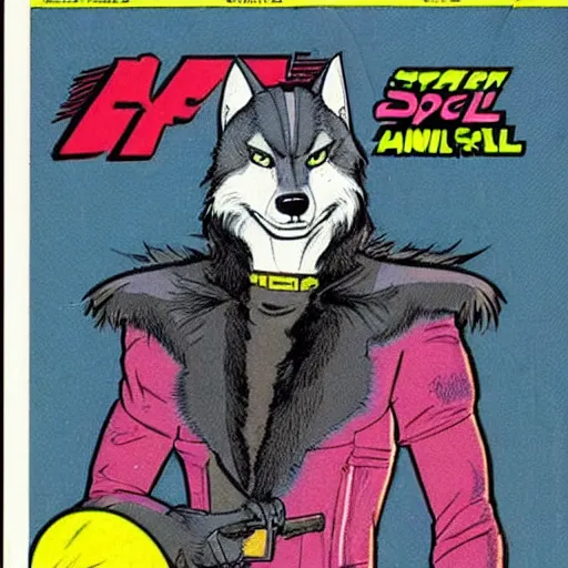 Image similar to 1 9 8 0 s comic book cover scan featuring a portrait of villain male wolf o'donnell anthropomorphic wolf furry fursona from starfox wearing a dark leather space mercenary uniform, fluffy eyebrows, dark grey wolf, wolf o'donnell, magazine scan, 1 9 8 0 s artwork scan