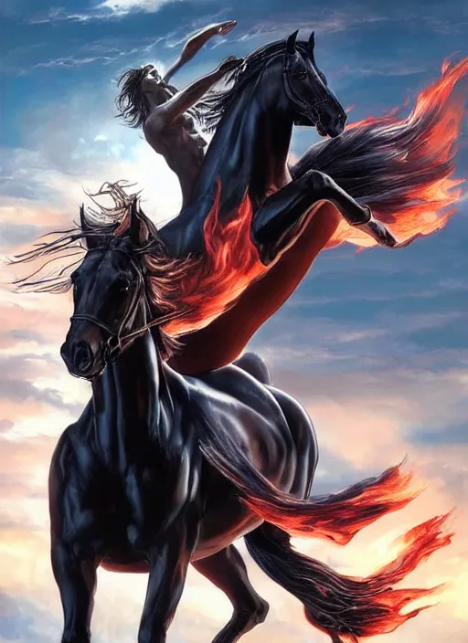 Image similar to the first horseman of the apocalypse riding a strong big black stallion, horse is running, the rider carries a the scales of justice, flames from the ground, artwork by artgerm and rutkowski, breathtaking, dramatic, full view