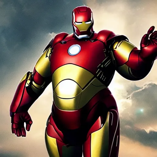 Image similar to morbidly obese ironman has a hard time flying, film still, marvel studios, high budget, funny