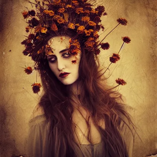 Prompt: fine art photo of the beauty goddess meryem uzerli, she has a crown of dried flowers, by oleg oprisco