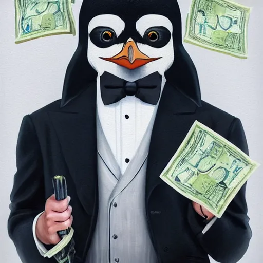 Image similar to Picture of a penguin wearing a suit with a stack of money, drug lord, hair, godfather, symmetrical, dark environment, smoke, realistic, highly detailed, digital art, trending on artstation,