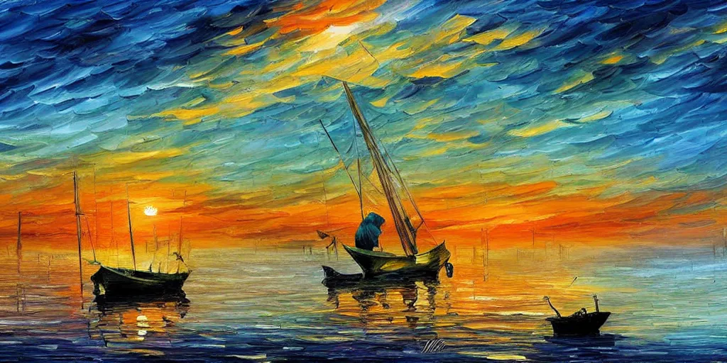 Image similar to rising sun ( ( ( fishing cormorant, fishing boat ) ) ) on the bay, by leonid afremov and moebius