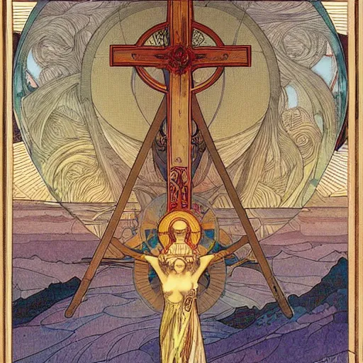 Image similar to a spiritual cross on top of a holy mountain, holy geometry, Mucha, Moebius, Mohrbacher