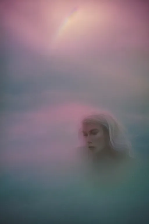 Image similar to high quality pastel coloured film close up wide angle photograph of a model wearing clothing resting on cloud furniture in a icelandic black rock environment in a partially haze filled dreamstate world. three point light, rainbow. photographic production. art directed. pastel colours. volumetric clouds. pastel gradient overlay. waves glitch artefacts. extreme facial clarity. 8 k. filmic.