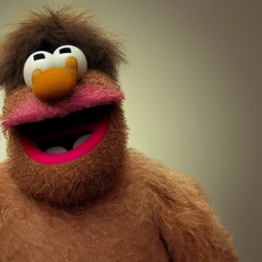 Image similar to a still of a forgotten muppet character looking very manly and modern, hilarious, laughing, hairy chest, huge chin, manly monster tough guy, roughled fur, photo real, photographic, photograph, artstation, trending, featured