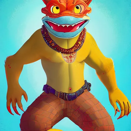 Prompt: in the style of artgerm, loish and ross tran, anthropomorphic alligator, red scales on his back, yellow scale on his belly and chest, male, waring a hawaiian shirt, in the style of zootopia