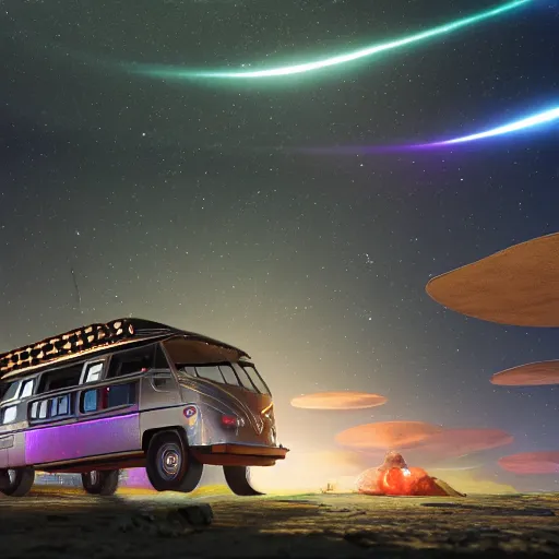 Image similar to bizarre interdimensional scene of a time-traveling VW microbus loaded with space hippies jaunting through a wormhole into the unknown. ultra-wide shot, detailed, trending on artstation, light effect, 8k, unreal engine 5, epic, masterpiece, highly detailed