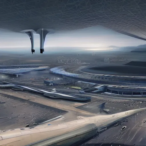 Image similar to view from above sci-fi airport on the coronation of napoleon painting and digital billboard in the middle, unreal engine 5, keyshot, octane, artstation trending, ultra high detail, ultra realistic, cinematic, 8k, 16k, in style of zaha hadid, in style of nanospace Michael Menzelincev, in style of Lee SOUDER, in style of photogrammetry cloud, in plastic, dark, tilt shift,