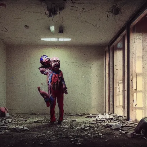 Image similar to a clown holding a baby inside an abandoned hospital, beksinski, dariusz zawadzki, wayne barlowe, very coherent symmetrical artwork, cinematic, hyper realism, high detail, octane render, 8 k