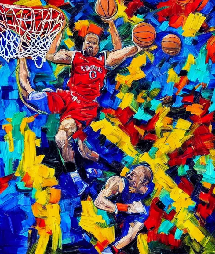 Image similar to ( ( ( expressionist painting of walter white dunking a basketball ) ) ), dynamic perspective, expressionist, colorful, detailed, many layered colores