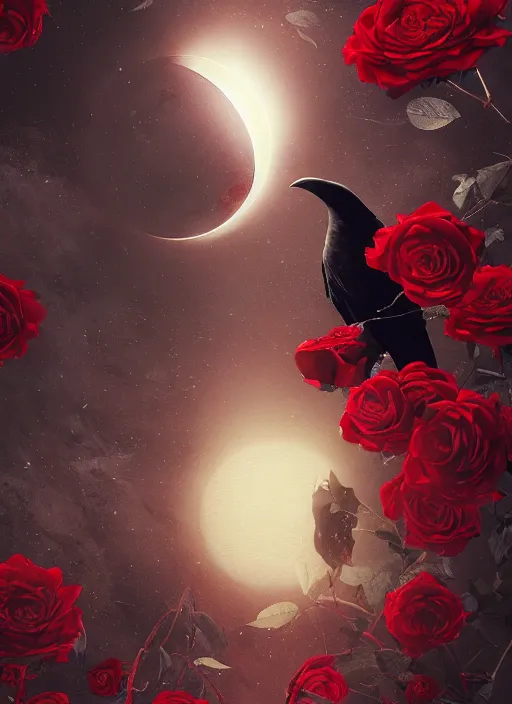 Image similar to moon is important, red and golden color details, portrait, A crow with red eyes in front of the full big moon, book cover, red roses, red white black colors, establishing shot, extremly high detail, foto realistic, cinematic lighting, by Yoshitaka Amano, Ruan Jia, Kentaro Miura, Artgerm, post processed, concept art, artstation, raphael lacoste, alex ross, portrait, A crow with red eyes in front of the full big moon, book cover, red roses, red white black colors, establishing shot, extremly high detail, photo-realistic, cinematic lighting, by Yoshitaka Amano, Ruan Jia, Kentaro Miura, Artgerm, post processed, concept art, artstation, raphael lacoste, alex ross