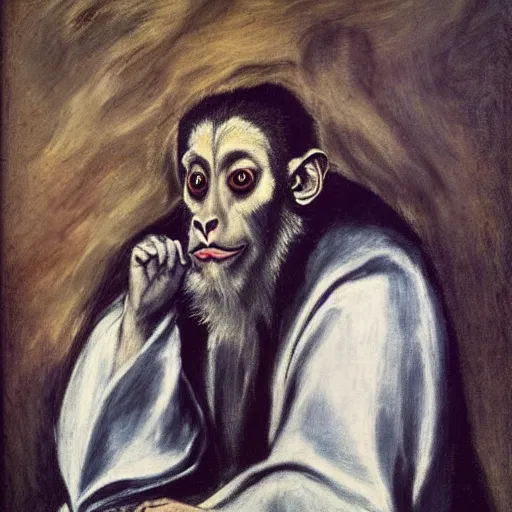 Prompt: a philosopher monkey contemplating matters, portrait, by el greco