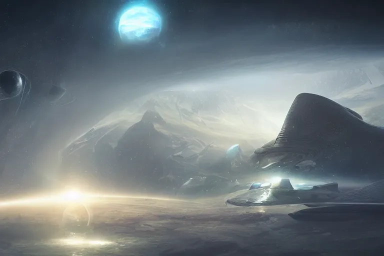 Prompt: futuristic space landscape by Jessica Rossier and HR Giger