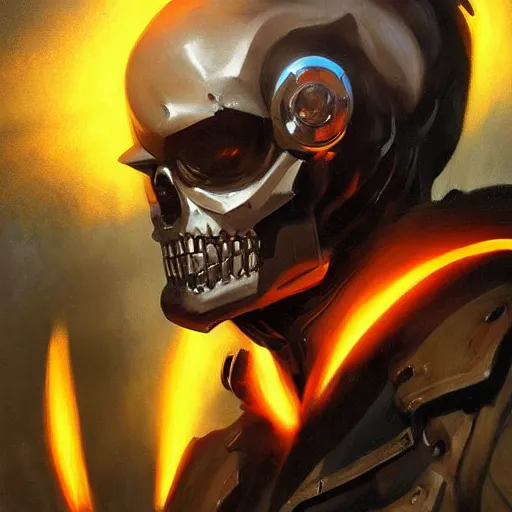 Image similar to greg manchess portrait painting of ghost rider as overwatch character, medium shot, asymmetrical, profile picture, organic painting, sunny day, matte painting, bold shapes, hard edges, street art, trending on artstation, by huang guangjian and gil elvgren and sachin teng