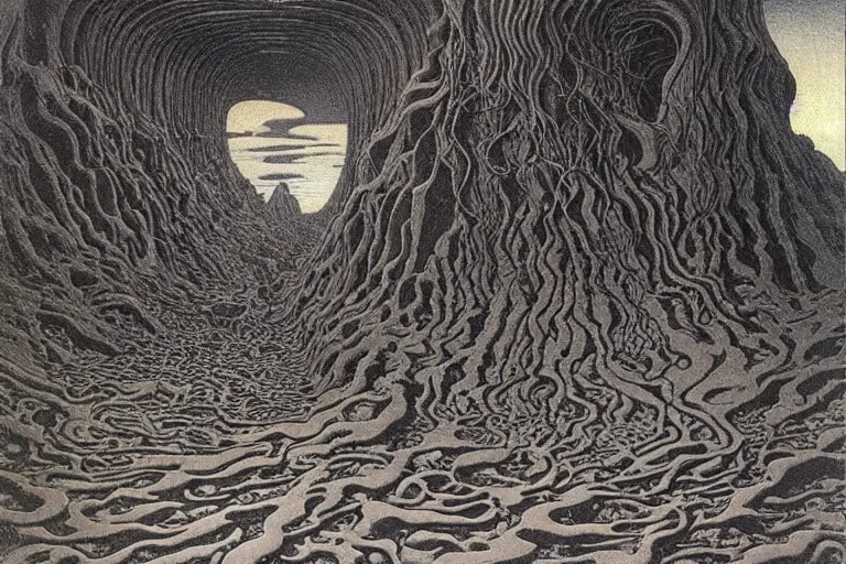 Image similar to lovecraftian landscape, another world by Jean Delville and Roger Dean