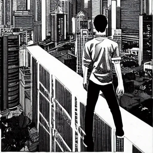 Prompt: a singaporean student stands on the top of a building, looking out at the world, by moebius