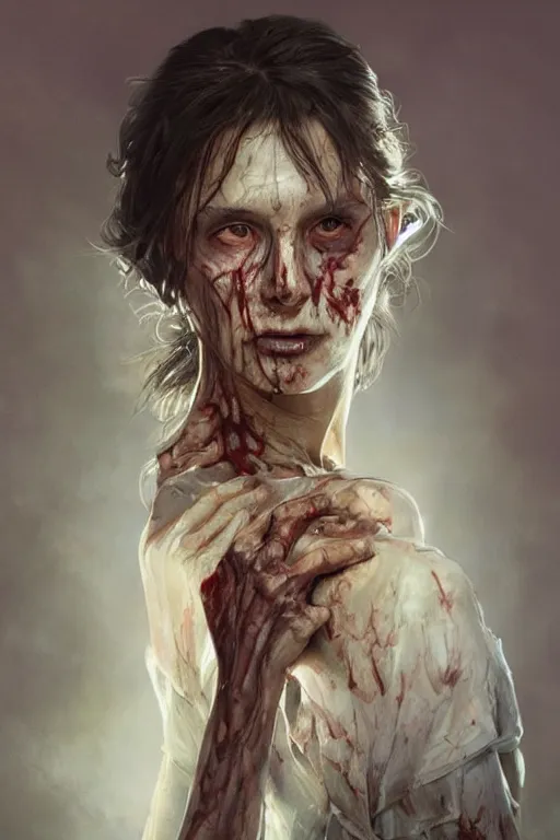 Image similar to portrait of walking dead zombie by terry o'neill intricate, elegant, highly detailed, digital painting, glowing skin, artstation, concept art, soft, sharp focus, bright lighting, illustration, art by artgerm and greg rutkowski and alphonse mucha, beautiful