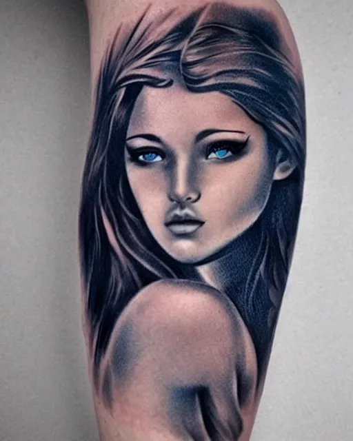 Image similar to tattoo design sketch of a beautiful blue - eyed woman face with a faded background of beautiful mountains and nature on her side, hyper - realistic, in the style of den yakovlev, amazing detail, black and white
