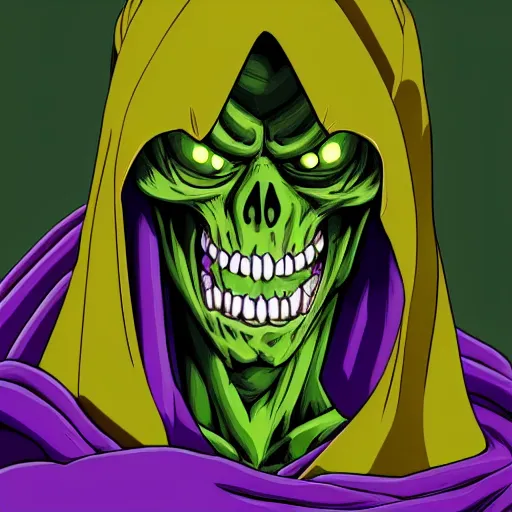 Prompt: portrait painting of skeletor as piccolo, art by akira toriyama, 4 k, dragon ball artstyle, cel shaded, highly detailed, epic lighting