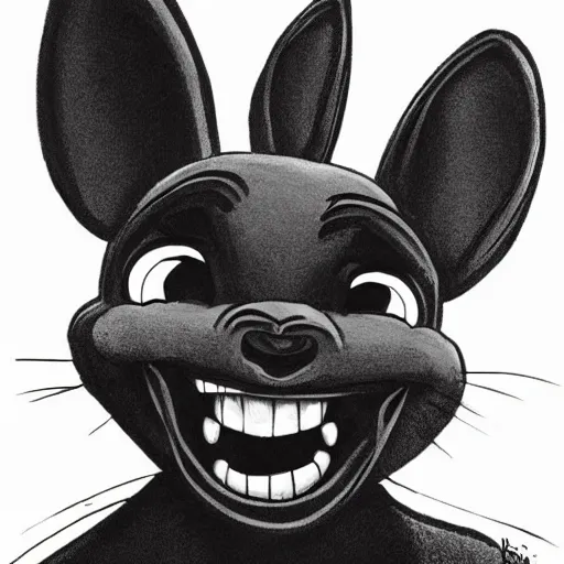 Image similar to A extremely highly detailed majestic hi-res beautiful, highly detailed head and shoulders portrait of a scary terrifying, horrifying, creepy black cartoon rabbit with scary big eyes, earing a shirt laughing, hey buddy, let's be friends, in the art style of Walt Disney