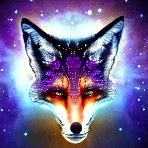 Prompt: Kirlian photo portrait portrait head face shoulders of fox shaman with mystical aura, visually appealing aesthetic within the foggy atmosphere