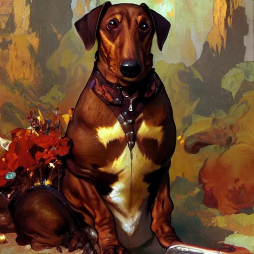 Image similar to The great Dachshund, art by Craig Mullins, Simon Bisley, Gregory Manchess, Fernanda Suarez, Artem Demura, Alphonse Mucha, Donato Giancola, Jason Felix, Steve Argyle, Tyler Jacobson, Peter Mohrbacher, trending on artstation, digital art