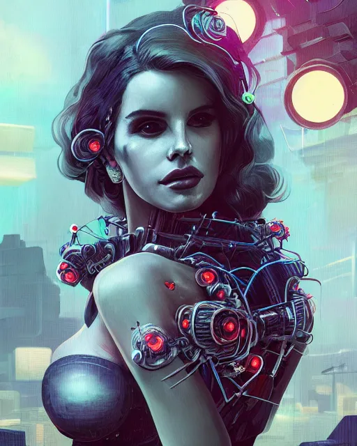 Image similar to portrait of lana del rey as a cyberpunk cyborg. roses, sci - fi, intricate abstract upper body intricate artwork, by tooth wu, wlop, beeple, dan mumford. concept art, octane render, deviantart, greg rutkowski, cinematic arthouse, key art, hyper realism, iridescent accents