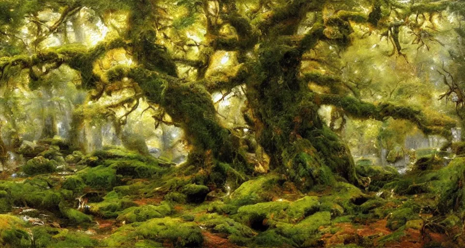 Image similar to ancient oak forest, mossy rocks, stream, oil painting, vivid colors, brush strokes, elegant, highly detailed, by richard schmid and john singer sargent