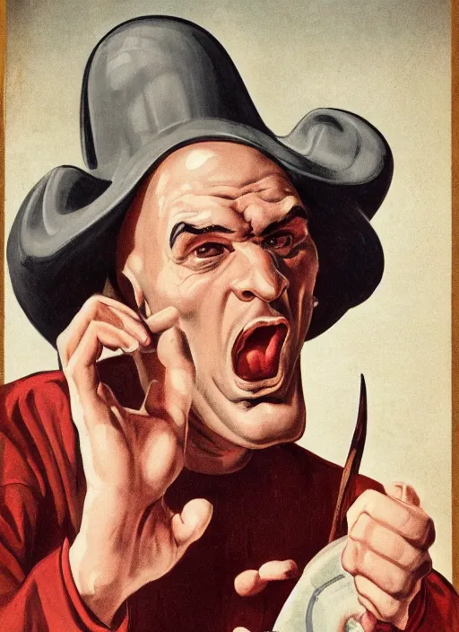 Image similar to portrait of glamorous bald medieval man with big nose and annoyed gesture,look of hate, threatening pose, 1940s propaganda poster, full hd,highly detailed