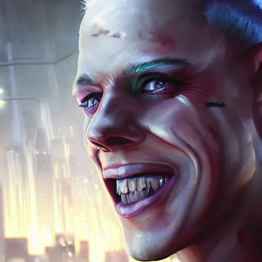 Prompt: cyberpunk, closeup portrait of a cyberpunk entertainer, blond hair, grey eyes, sadistic smile, delicate jaw, dramatic light, city background, sunset, dystopian setting, high contrast, sharp, neuromancer, peter riviera, painted by stanley lau, painted by greg rutkowski, painted by stanley artgerm, digital art, trending on artstation