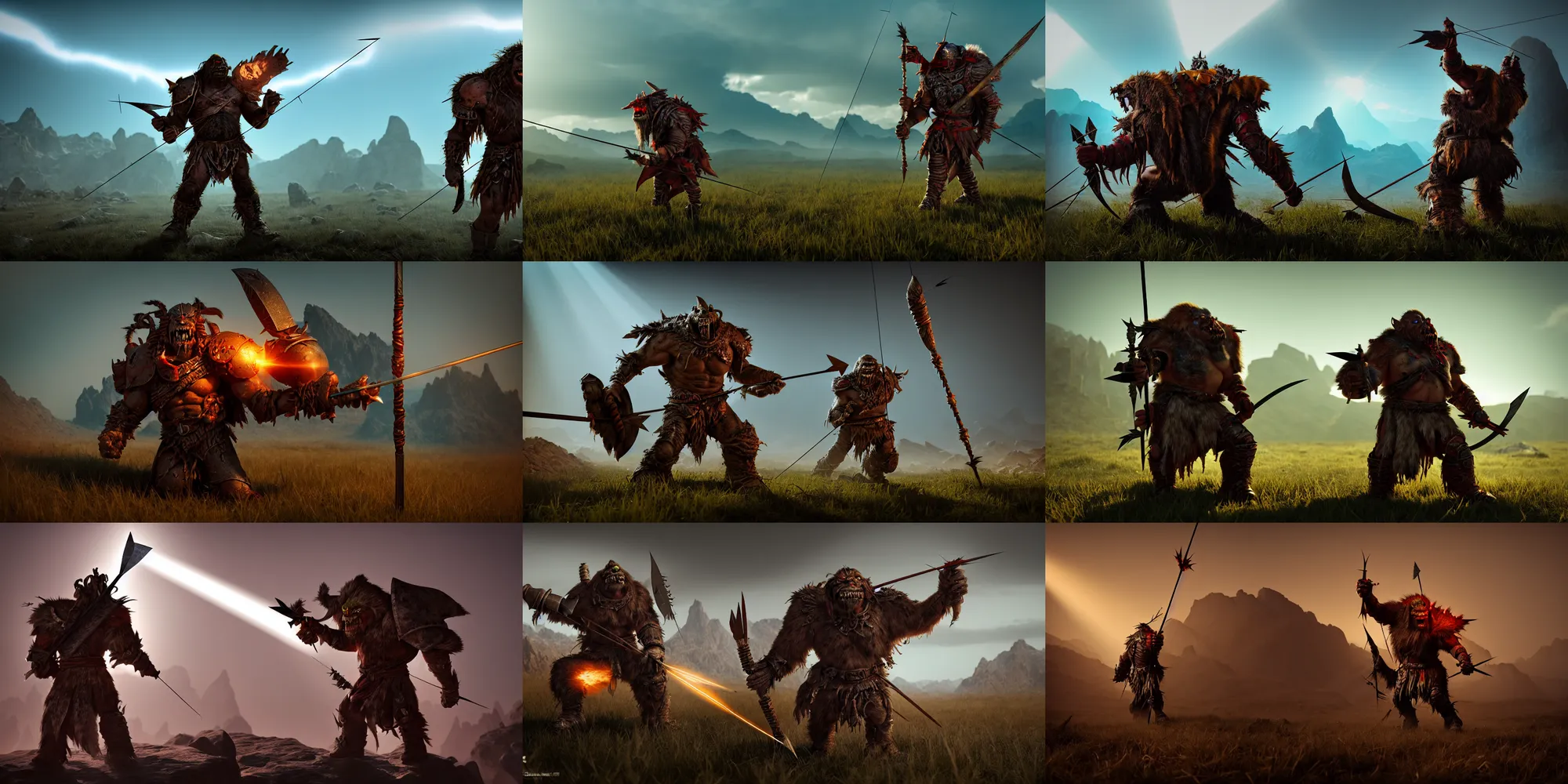 Prompt: ork warrior struck by an arrow in the shoulder desolated mountains in the distance, god rays, octane render, unreal engine, vray, style of andrew baker, wide angle