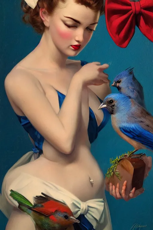 Image similar to hyper realistic painting, tasteful pinup girl holding an indigo bunting, bird, the bird is wearing a bowtie, by greg rutkowski, rossdraws, gil elvgren, enoch bolles, anime, porcelain skin, very coherent