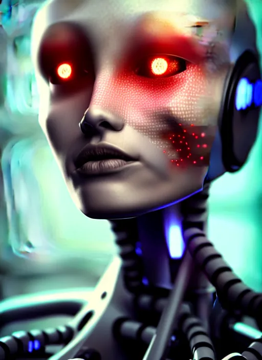 Image similar to sensual caucasian female humanoid with freckles, robotic, android, cyborg, part human part cyborg face, by loish, d & d, fantasy, cyber neon lighting, futurism, intricate futuristic jewelry accessories, cyberpunk high fashion, profile posing, hyper photorealistic, digital photography, artstation, pinterest, concept art, art by pascal blanche and greg rutkowski,