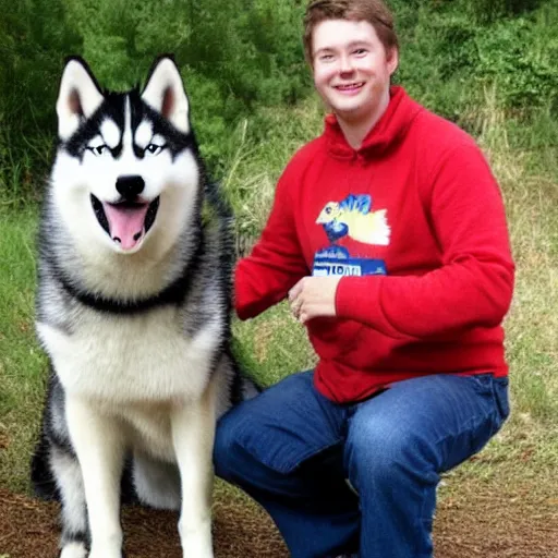 Prompt: tom scott posing with a husky