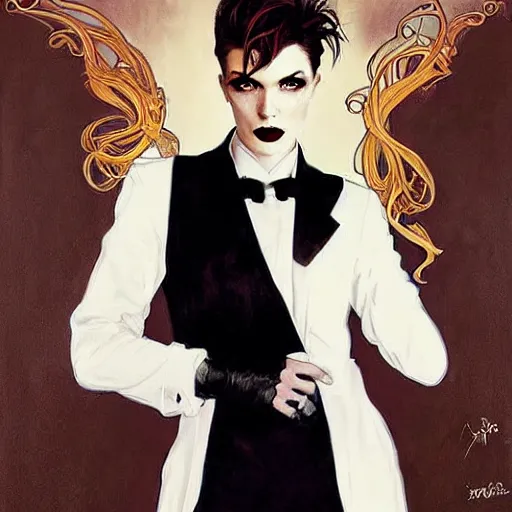 Image similar to beautiful portrait of androgynous ruby rose as desire from sandman in a white tuxedo!!!, rockabilly style, by alphonse mucha, cedric peyravernay, by jeremy mann, by frank moth, white suit and black tie, soft lightning, high detailed, 8 k