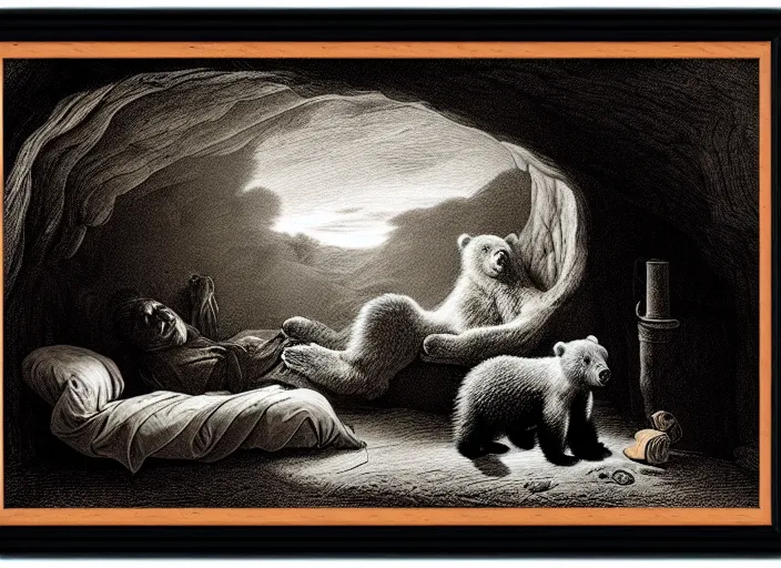 Image similar to Pieter Claesz's 'a bear and her cub sleeping in a dark cave, lit by hole in roof', night time, cross hatching, backlit, beautiful wooden frame, monochrome, colours of the sunset
