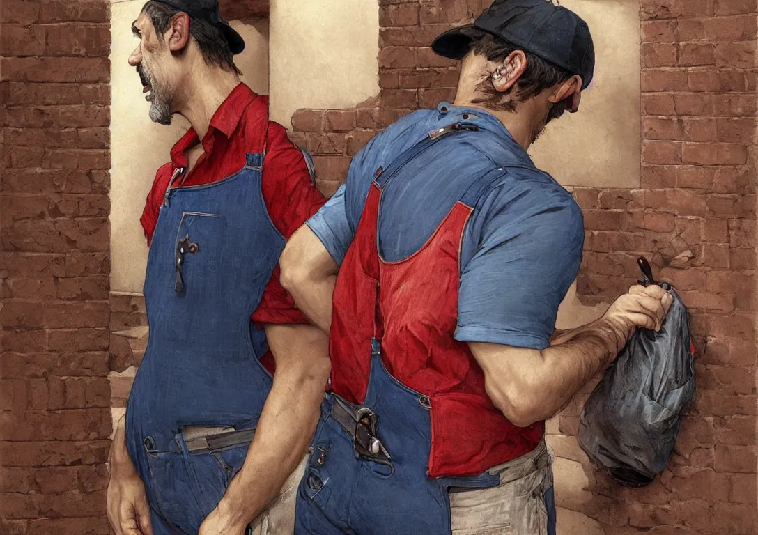 Image similar to italian man in blue overalls and red shirt with a red baseball cap and a big brown mustache with his back against a brick wall, dark mood, horror, highly detailed, digital painting, artstation, illustration, art by artgerm and greg rutkowski and alphonse mucha and krenz cushart