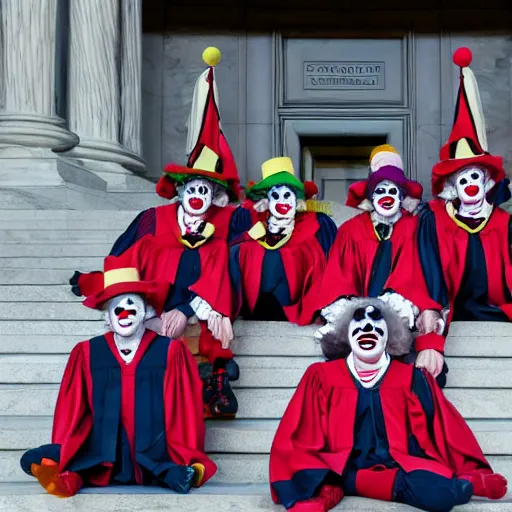 Image similar to Exactly 6 dressed as Clowns Exactly 3 in Justice Robes, sitting on the Supreme Court, 4K, Octane Render https://media.discordapp.net/attachments/1005627987435192381/1006954863948726304/supreme.jpg