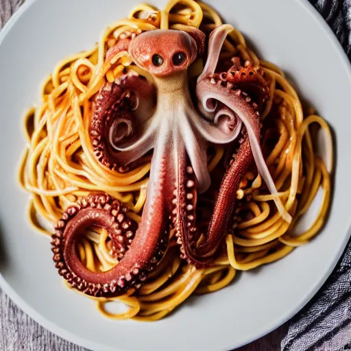 Prompt: an octopus on top of a plate of spaghetti, professional photography