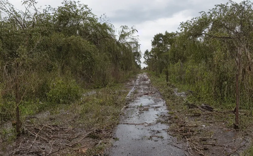 Prompt: an abandoned city, every building is covered in vines and grasses cover the street. the road has been turned into a swampy marsh with various native wildflowers - H 1000