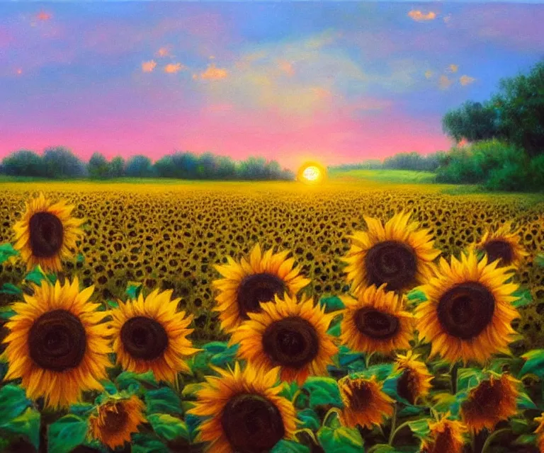 Image similar to sunflowers, william henrits, hovik zohraybyan, oil painting, bright colors, pink skies, sunrise, peaceful, serene, joy