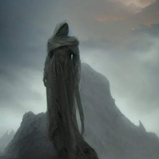 Image similar to stone humanoid colossus by grzegorz rutkowski and richard wright and peter mohrbacher, atmospheric haze, stormy, tundra, woman in cloak in foreground silhouette, large scale