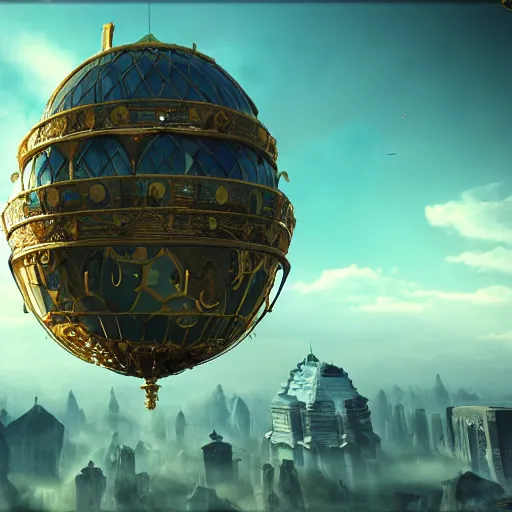 Image similar to enormous flying city in a faberge egg, sky, steampunk, fantasy art, masterpiece, unreal engine