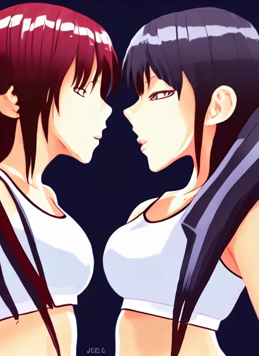 Prompt: two beautiful identical female fighters facing each other, jean shorts, white top, dim lighting, gorgeous features, high resolution, detailed anime art