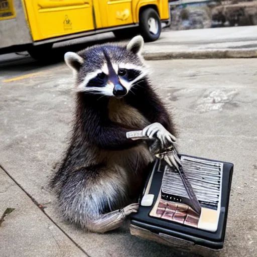 Image similar to raccoon wearing leather jacket and playing electric guitar in a dumpster