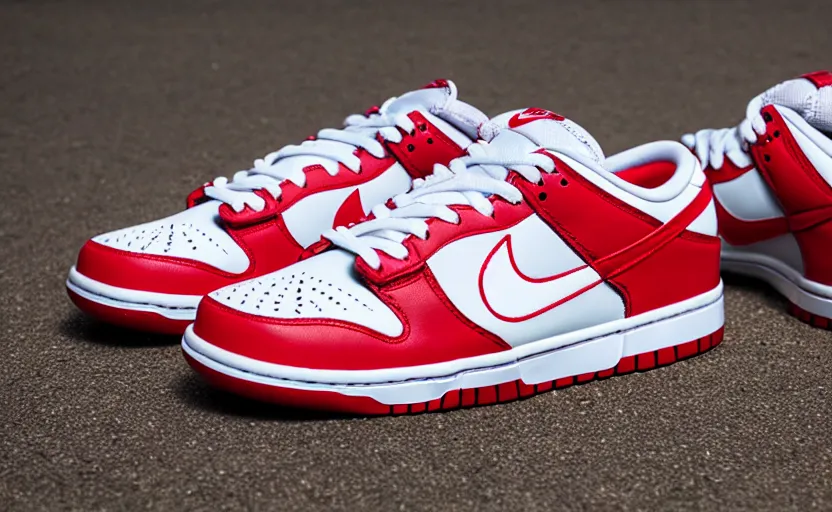 Prompt: a press photograph of nike dunk low red and white, size 1 0, white background