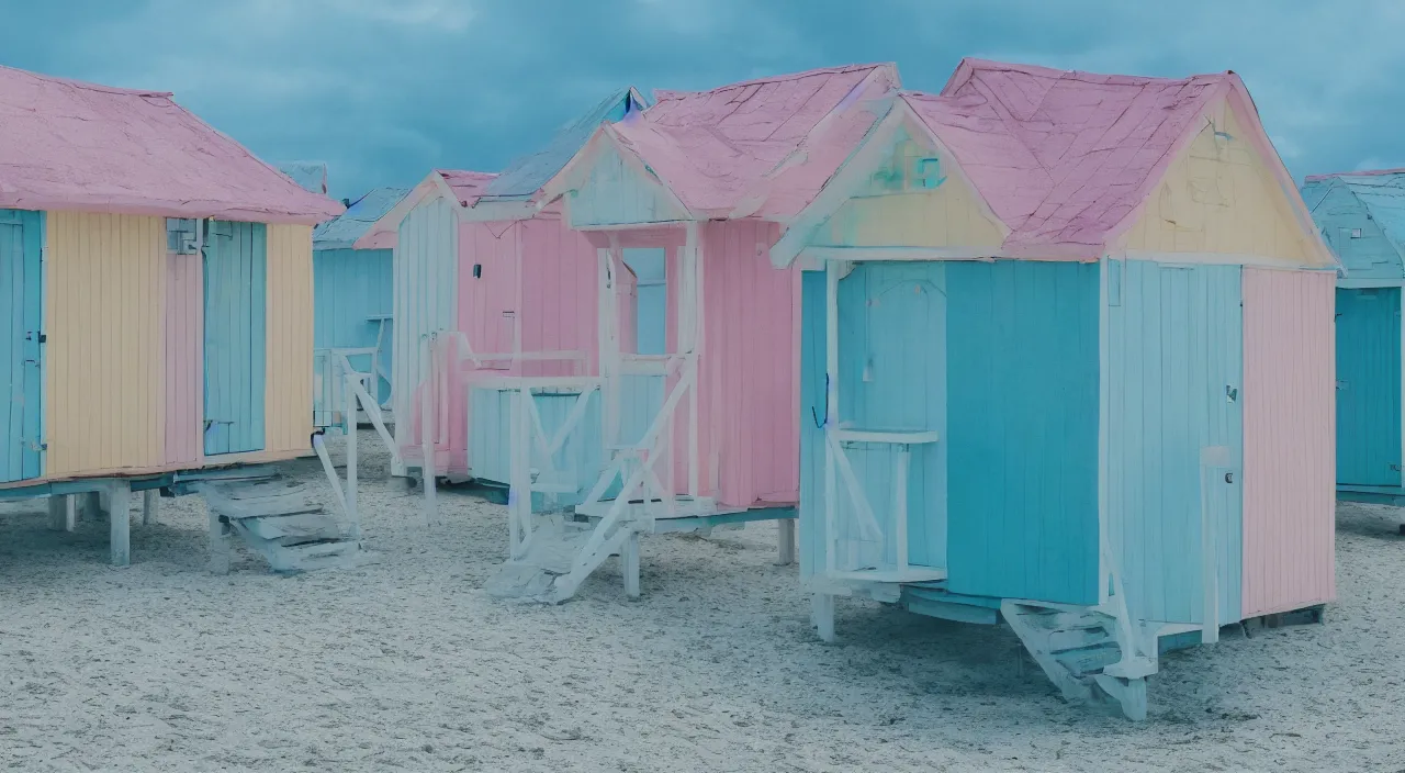 Prompt: pastel colored beach huts on a beach, low angle, close up, vray, single light source, dramatic lighting, cinematic